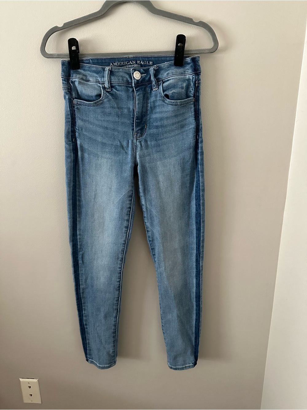 American Eagle Outfitters Light Blue Skinny Jeans with Dark Blue Side Stripe
